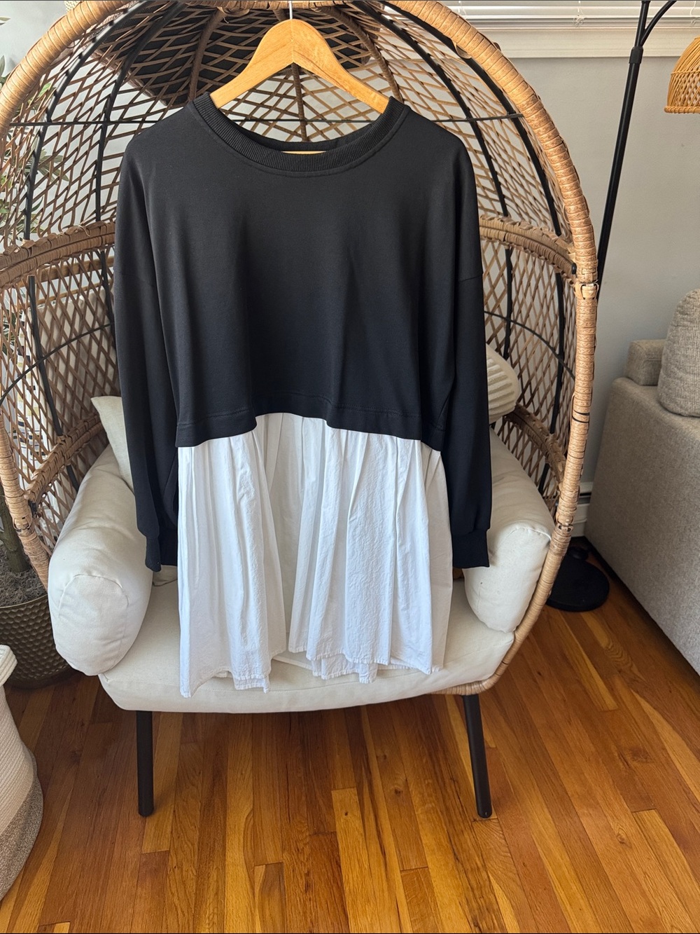 Black and White Layered Pullover Sweatshirt Dress